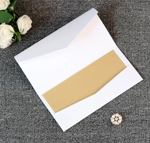 Elegant white V-flap envelope with matte gold insert card for wedding invitations