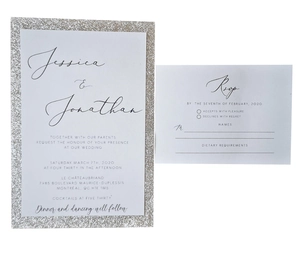 Detail eines eleganten weißen Hochzeitseinladungssets mit Silberglitzerrand und RSVP-Karte