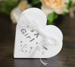 Detail showing white heart party box with It's A Girl text and organza ribbon