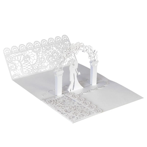 Detailed laser-cut 3D pop-up wedding invitation card with lace pattern and romantic arch