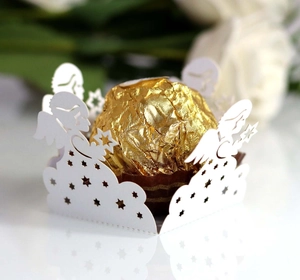 White laser-cut candy box with angel and star patterns for wedding chocolate gifts