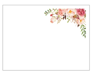 Detail of white pearlescent wedding invitation card with watercolor floral print corner
