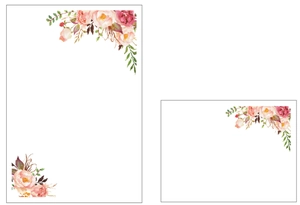 Close-up of blank wedding invitation cards with pink watercolor floral design and pearlescent paper