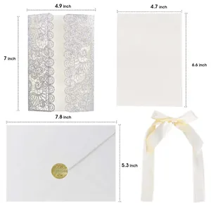 Size guide for European laser cut lace wedding invitations with envelopes and ribbons