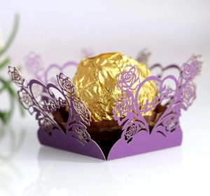 Elegant purple laser-cut paper chocolate holder with rose and Love patterns for weddings