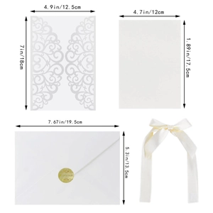Detailed dimensions of laser-cut heart wedding invitation set with envelopes and ribbons