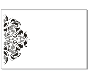 Elegant white pearlescent wedding invitation with black laser-cut lace scroll patterns
