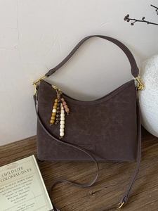 Women Retro Matte PU Leather Hobo Crossbody Bag Minimalist Half Moon Shoulder Bag With Wood Beads Charm Solid Color Purse