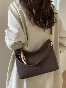 Retro dark brown suede hobo bucket bag with wooden bead pendant and adjustable strap