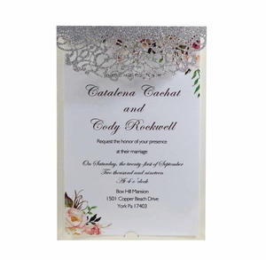 Elegant laser cut wedding invitation with silver glitter lace and pink floral pattern