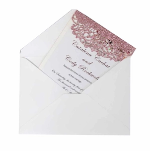 Elegant white square wedding invitation with pink glitter laser-cut floral patterns