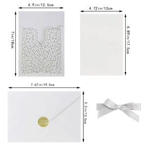 Laser cut invitation set with dimensions for pocket, inner sheet, and envelope