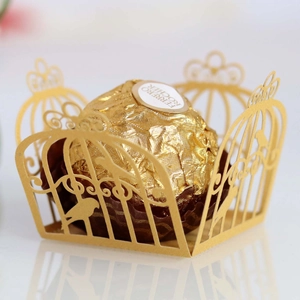 European style gold laser-cut birdcage candy box with elegant floral pattern and bird detail