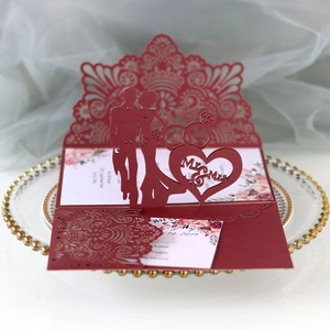 Burgundy laser cut 3D wedding invitation with Mr & Mrs silhouette and floral pattern