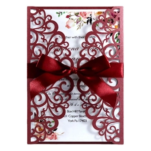 European Laser Cut Lace Hollow Wedding Invitations With Ribbon Bow Flower Pearlescent Paper Greeting Cards For Engagement Party