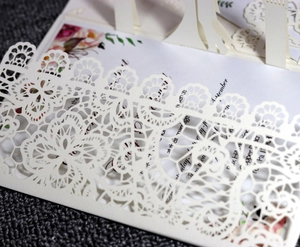 Macro view of laser-cut lace pattern on white card with floral inner wedding invitation