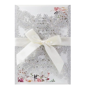 Laser Cut Snowflake Wedding Invitations With Glitter Paper Satin Ribbon Bow Floral Inner Page For Christmas Party