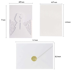 Laser cut white wedding invitation set with dimensions of shell, inner card and envelope