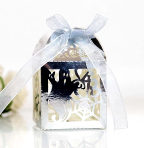 Mirror silver Halloween gift box with laser-cut spider web and ghost patterns with blue ribbon