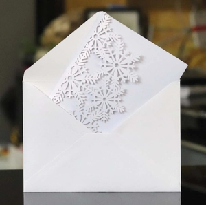 Macro shot of white laser-cut snowflake patterns and festive holiday card detail