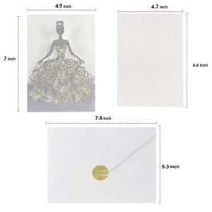 Detailed size specifications for laser-cut bridal invitation set with silver glitter