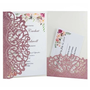 Invitations de Mariage Élégantes Découpe Laser Papier Pailleté Pochette Florale Avec Enveloppes Cartes RSVP Pour Fête