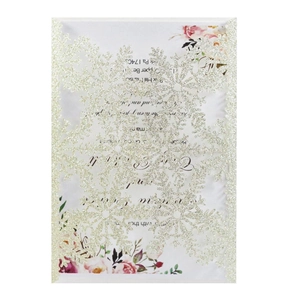 Golden glitter snowflake laser cut invitation card with floral printed white insert