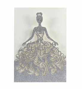 Macro shot of silver glitter laser-cut princess silhouette wedding invitation card