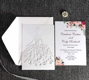 Macro view of laser-cut wedding invitation showing intricate bridal dress hollow pattern
