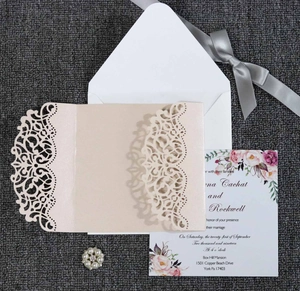 Champagne laser-cut lace wedding invitation set with envelopes and floral cards