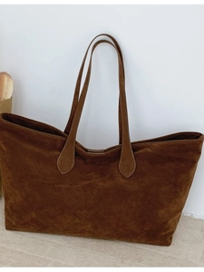 Minimalist large brown suede tote bag for women with dual long handles for shoulder carry