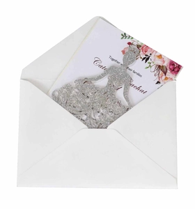 Elegant laser cut glitter wedding invitation set with bridal gown design and floral insert