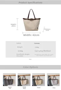 Detailed size specifications for a large minimalist canvas tote bag with leather handles