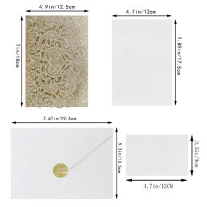 Detailed size chart of laser-cut glitter gold wedding invitation set with card dimensions