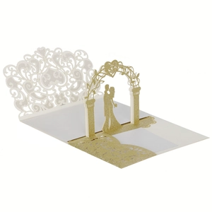 3D laser cut wedding invitation card with ivory and gold glitter floral arch design