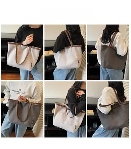 Collage of large canvas tote bags in grey and beige with brown leather handles