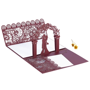Detailed laser-cut 3D wedding card in wine red with a romantic floral arch and couple silhouette