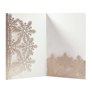 Champagne gold glitter snowflake laser cut greeting card with elegant lace hollow design