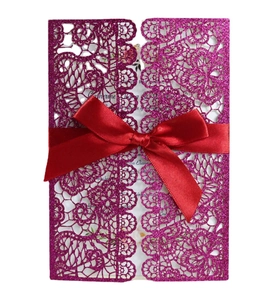 Glitter rose red laser cut wedding invitation with elegant red satin ribbon bow