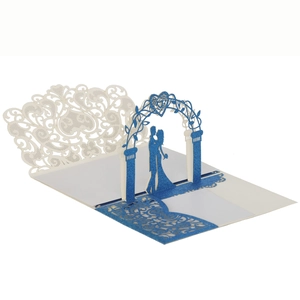 3D laser cut wedding invitation card with glitter blue arch and kissing couple silhouette