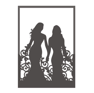 Intricate laser-cut wedding invitation featuring two brides silhouette and floral vine patterns