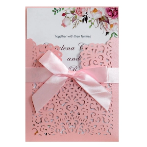 Elegant Laser Cut Wedding Invitations With Satin Ribbon Bow Pearl Paper Floral Invitation Card Set For Marriage Party