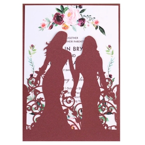 Laser Cut Wedding Invitations Hollow Out Two Girls Silhouette Pearlescent Paper Greeting Cards With Envelopes LGBTQ