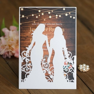 Laser cut wedding invitation featuring two girls silhouette with a rustic wood style inner card