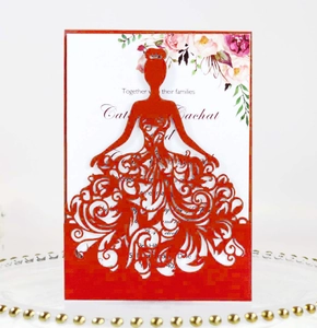 Laser cut wedding invitation with red bride silhouette cover and floral inner card