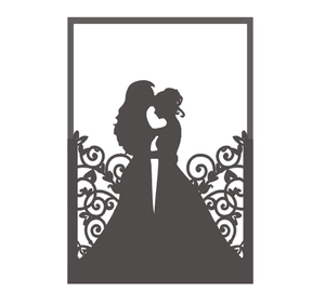 Detailed laser cut black silhouette design featuring two girls hugging with floral accents