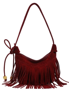 Sac hobo vintage en daim bordeaux avec de longues franges et des perles en bois