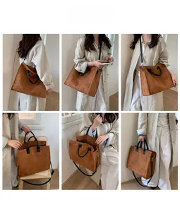 Dettagli della borsa tote in pelle scamosciata marrone con borchie e tracolla rimovibile