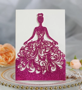 Detail of laser-cut glitter princess silhouette invitation card with vine patterns