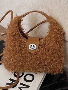 Women Fashion Lamb Wool Plush Bucket Bag Soft Fuzzy Faux Fur Handbag With Turn Lock Closure Shoulder Crossbody Bag For Autumn Winter
